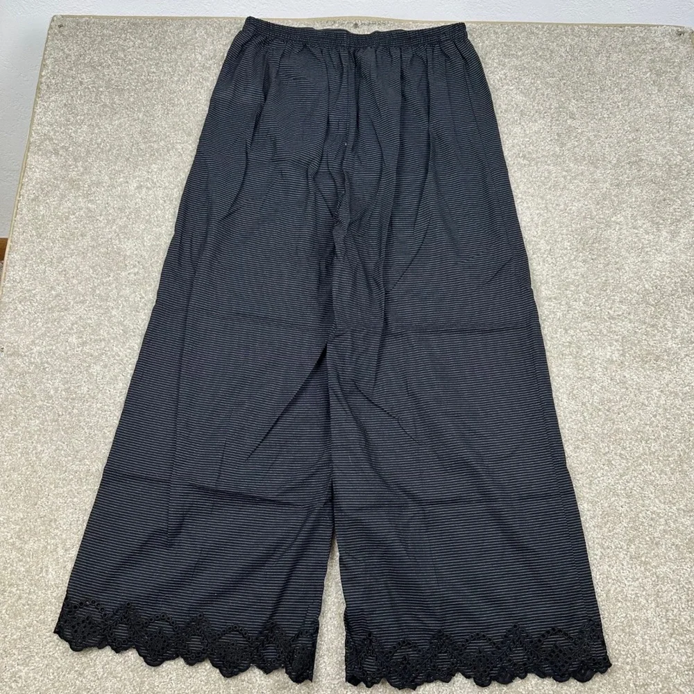 Khaadi Black Striped Wide Leg Pants Eyelet Lace Hem Cotton Blend Trousers